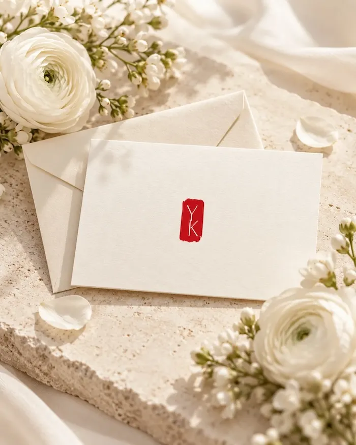 Yulia Kuzmina beauty gift card with ivory envelope and white flowers